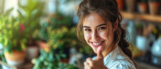 Sticker - A woman is giving the thumbs up sign in a room with plants. Generative AI.