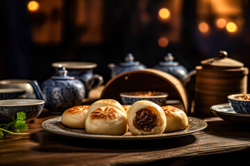 Wall Mural - Capture the sizzling allure of Chinese meat pies on the grill with a tantalizing close up. Irresistible aroma and golden perfection in every detail.