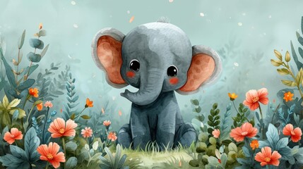 Poster -  a painting of a baby elephant sitting in the middle of a field of flowers and plants with a blue sky in the background.