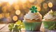 St Patrick's day concept , cupcake with shamrock topper, Irish saint celebration