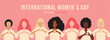 International Women s Day concept pink banner. Diverse women with heart-shaped hands stand together. Campaign 2024 inspireinclusion