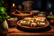 Indulge in the flavorful delight of Chicken Spring Rolls, a perfect fusion of crispy texture and succulent chicken, presented in a delectable serving.