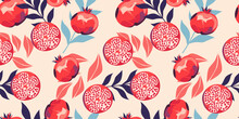 Seamless Pattern With Pomegranate Fruits And Seeds Illustration. Design For Cosmetics, Spa, Pomegranate Juice, Health Care Products, Perfume, Paper, Cover, Fabric, Interior Decor. Trendy Background.