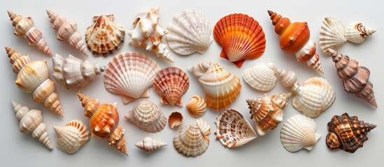 Poster - Natural sea shells of different varieties on a light gray backdrop.