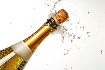 popping champagne bottle on white background. celebration. Champagne splash over a full golden bottle. Champagne cork popping. Close-up of champagne explosion