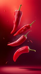 realistic ripe red peppers floating in mid air against vor a red background