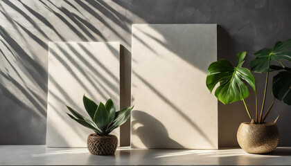 2 vertical sheets of textured white paper on soft yellow table background. Mockup overlay with the plant shadows. Natural light casts shadows from a Jerusalem artichoke flowers. Horizontal orientation