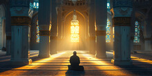 Man Kneeling In Prayer Inside Ornate Mosque With Sunlight Streaming Through Stained Glass Windows