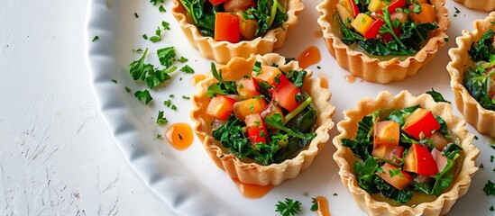 Wall Mural - Isolated on a white plate, there are tartlets filled with greens, vegetables, and sauce.