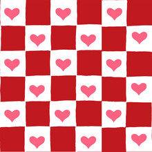 Seamless Vector Repeating Pattern With Hand Drawn Checkerboard In Red And White And A Perfect Pink Heart Half Drop. Valentines Red Checkers With Hot Pink Hearts.