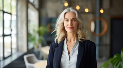 Wall Mural - Portrait of a professional woman in a suit standing in a modern office. Mature business woman looking at the camera in a workplace meeting area.