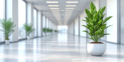 Poster - Modern Corporate Elegance: A Bright and Spacious Office Hallway Accentuated with Lush Green Potted Plants, Generative AI