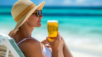 Sunny beach  beautiful woman enjoying beer on tropical paradise, perfect for text placement