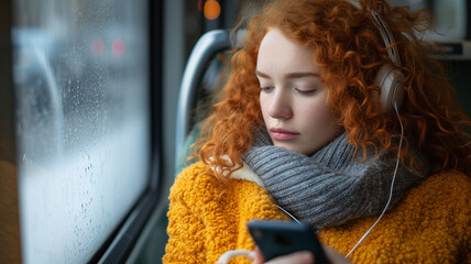  Teenage girl riding the bus in big city, looking at her mobile, texting