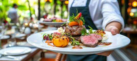 Waiter serving delicious meat dish at a festive event or wedding reception with copy space