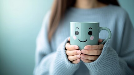 Wall Mural - Happy morning concept  hands holding coffee cup with smiling face mug for a positive start