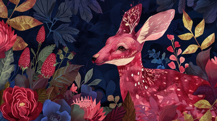 Sticker -  a painting of a deer in the middle of a forest filled with flowers and leaves, with a blue background.