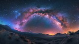 Fototapeta Kosmos -  a view of the night sky with stars and a colorful galaxy in the middle of the sky with mountains in the background.