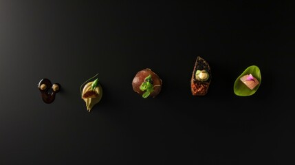 Wall Mural -  a group of different types of food sitting on top of a black surface with a white light on top of it.