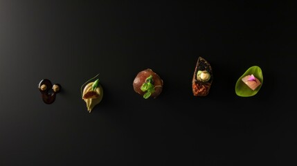 Poster -  a group of different types of food sitting on top of a black surface with a white light on top of it.