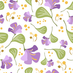 Wall Mural - Composition of violet flowers with green leaves, yellow stamens and pollen grains in vector seamless pattern. Attractive art texture for printing on fabric, wrapping, homeware, wallpaper, apparel etc.