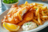 Fototapeta  - plate of fish and chips, a British fast food with battered and fried fish fillets and thick-cut fries