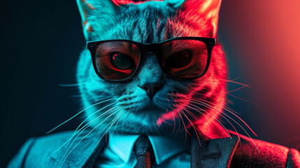 Cool business cat in a suit and sunglasses, in blue-red neon lighting, stylish pet portrait for fun and creative ads