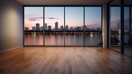 Wall Mural - Empty large room with sunset city waterside view background image. High-ceiling living space photo backdrop. Contemporary wallpaper picture. Minimalist studio apartment design photography