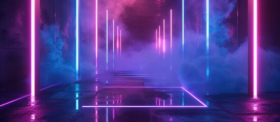 Wall Mural - Illustration 3D Futuristic Modern High-Tech Pathway of Neon Blue Purple Glowing Light. AI generated