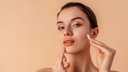 Wall Mural - Beautiful young woman applying cosmetic serum onto her finger on beige background