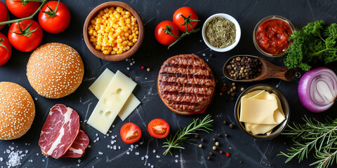 flat lay of a burger assembly, featuring all the ingredients neatly arranged on a slate or marble background