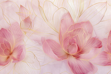 Wall Mural - Packaging Pattern Design, Lotus Ink Style, Light Pink and Gold Lines