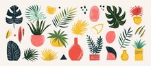 Set Of Abstract Hand Drawing Tropical Plant Leaf Shapes Illustration. AI Generated Image