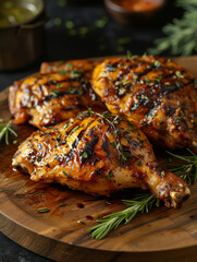 Wall Mural - roasted chicken on wood plate, food photography
