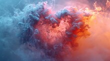  A Heart Shaped Cloud Of Smoke On A Blue And Orange Background With Red And Yellow Smoke Coming Out Of It.