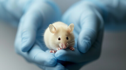 Wall Mural - white mouse on human hand wearing blue glove