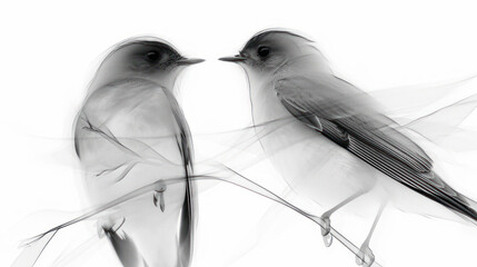 Poster -  a black and white photo of two birds sitting on top of a tree branch in front of a white background.