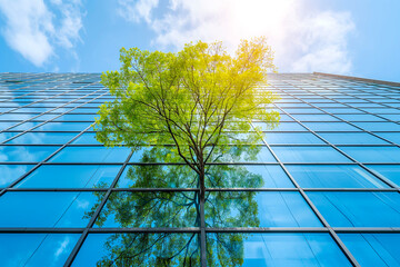 Wall Mural - Eco-friendly building in the modern city. Sustainable glass office building with tree for reducing carbon dioxide. Office building with green environment