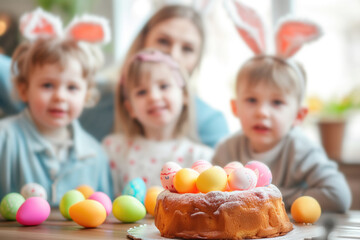 Traditional easter delight: family, cake, and baked goodies shared by children