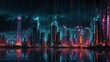 Contemporary Abstract art, Art style by Paul Kenton, Digital Rain, Futuristic Skyline, Neon Reflections, Urban Nightfall, Synthetic Vista, Virtual Waterfront, Silicon Horizon, Cyberpunk, night scene