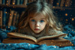 Little Girl Reading Book in the Dark. A young girl sits in the darkness as she reads a book