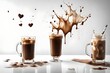A Captivating Visual Symphony for Valentine's Day – High-Speed Elegance as Iced Coffee Splashes Against a Clean White Canvas, Offering a Refreshing Composition and Ample Copy Space to Infuse Your Vale