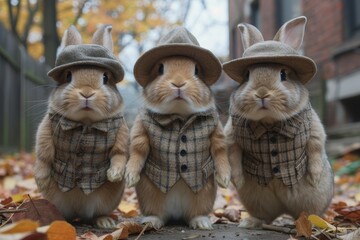 Wall Mural - A fashionable gathering of woodland rabbits sporting cozy autumn attire while perched on the crisp, earthy ground