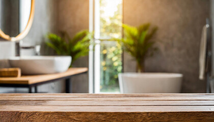 Empty wooden podium on table over blurred bathroom background for product placement.