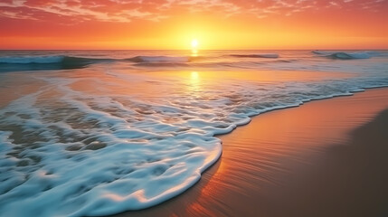 Sandy beach with light blue transparent water waves and sunlight, tranquil aerial beach scene