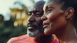 Mature african american couple exercising together outside in nature. Couple staying fit and healthy together