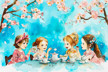 watercolor illustration of a group of children having a tea party on Easter, with a beautiful.