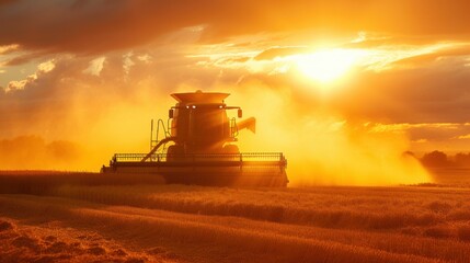 Wall Mural - A modern new combine harvests grain. The sun's rays illuminate the dust cloud. Wonderful summer landscape. Growing food