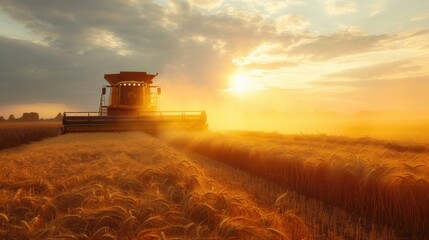 Wall Mural - A modern new combine harvests grain. The sun's rays illuminate the dust cloud. Wonderful summer landscape. Growing food