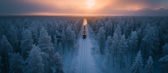 Sticker - A cargo locomotive captured by an aerial drone, moving through a snowy forest during a Finnish winter sunset in Scandinavia's arctic wilderness.